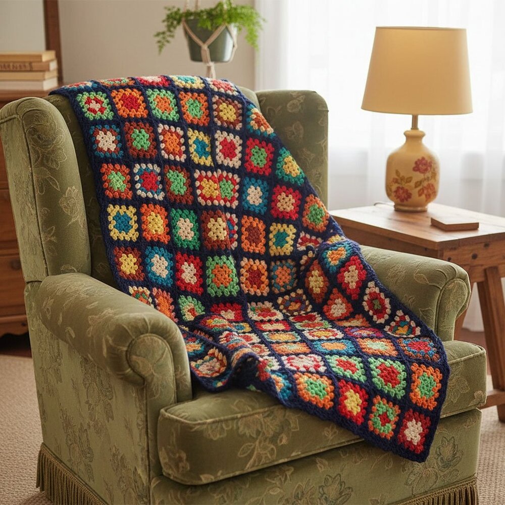 Vintage Granny Square Afghan Blanket Hand Knit Multi-Colour Boho Retro Farmhouse